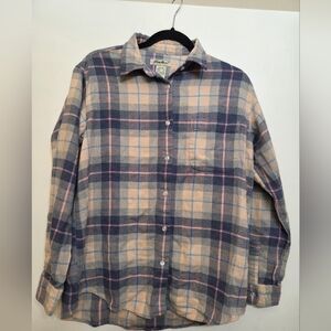 Eddie Bauer Women's Medium Flannel Shirt Gray Pink Plaid Button Up Long Sleeve